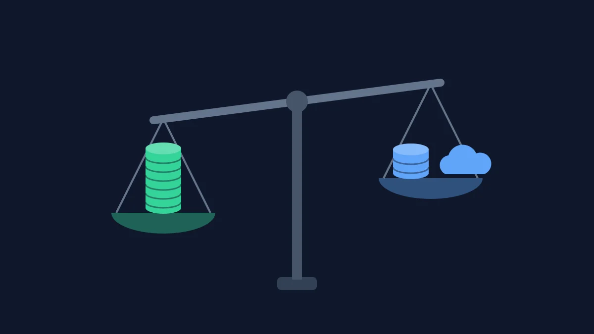 Balance scale with a taller green coin stack on one side and a shorter blue coin stack with a cloud icon on the other, showing value for money