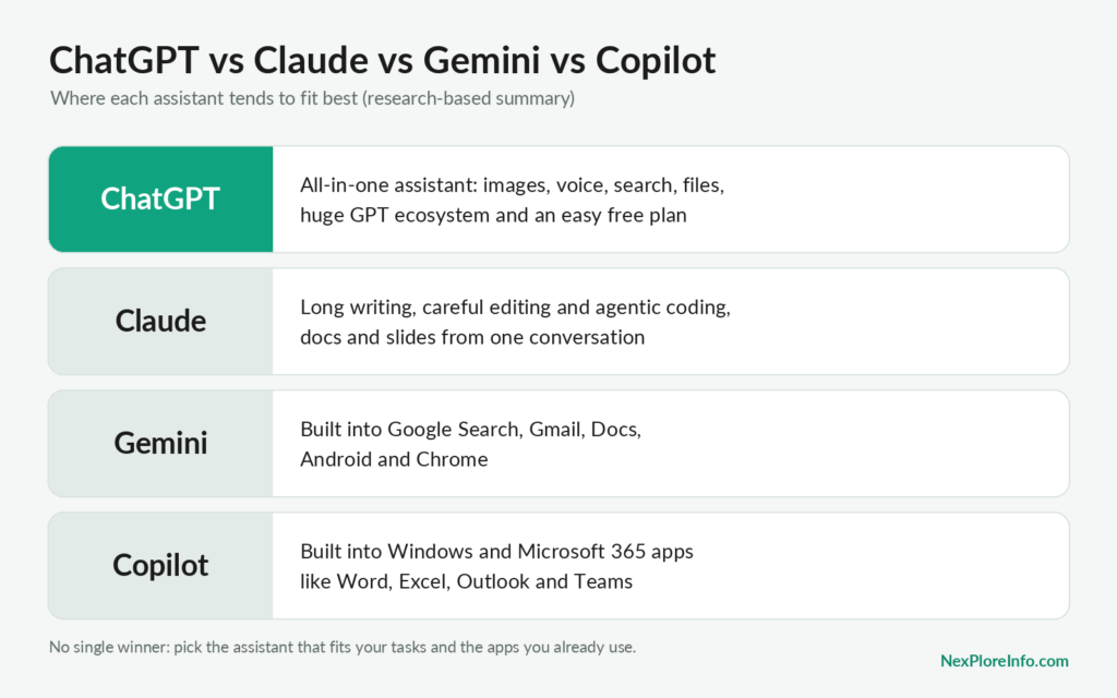 ChatGPT vs Claude vs Gemini vs Copilot ChatGPT vs Claude vs Gemini vs Microsoft Copilot comparison showing where each AI assistant fits best