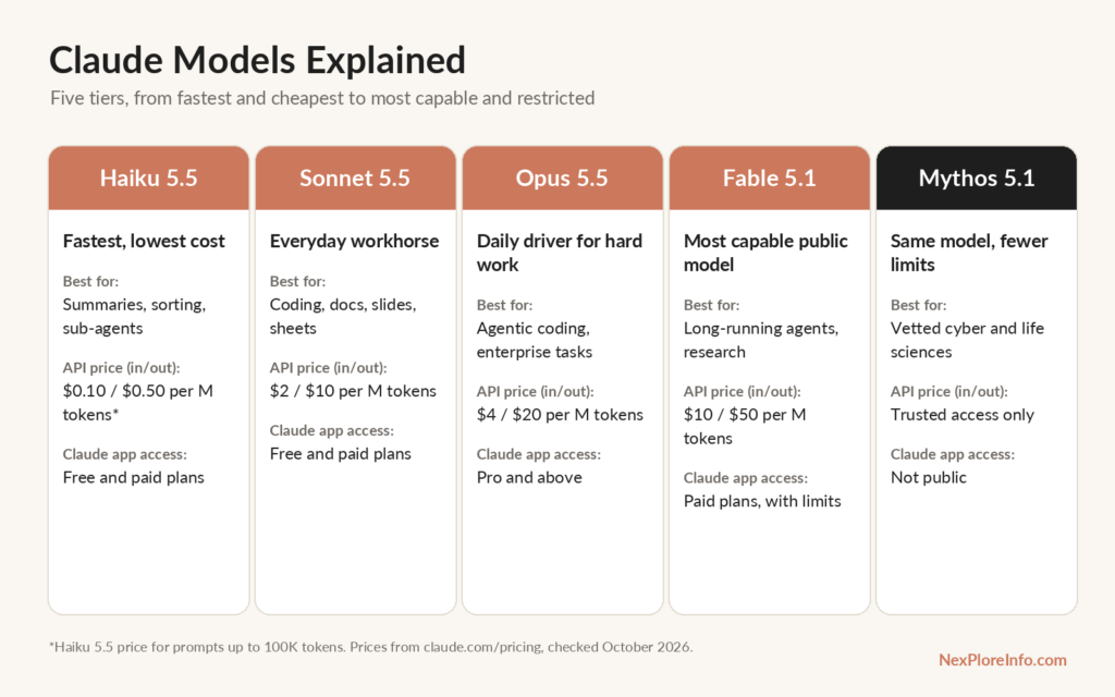 Claude Models Explained: Haiku, Sonnet, Opus, Fable and Mythos Claude models compared: Haiku 5.5, Sonnet 5.5, Opus 5.5, Fable 5.1 and Mythos 5.1 with best uses, API prices and plan access