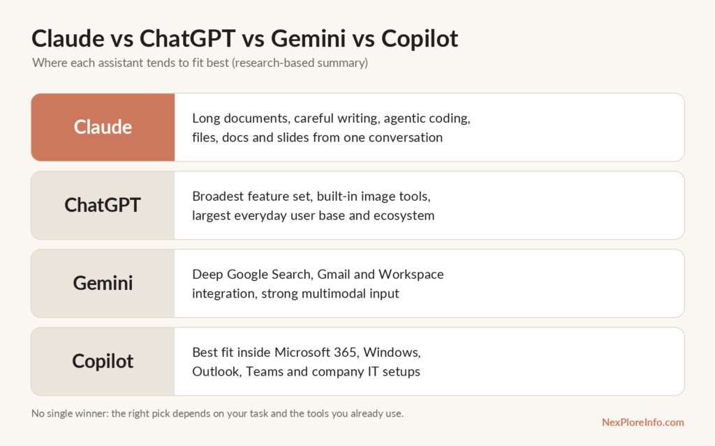 Claude vs ChatGPT vs Gemini vs Copilot Claude vs ChatGPT vs Gemini vs Microsoft Copilot comparison showing where each AI assistant fits best