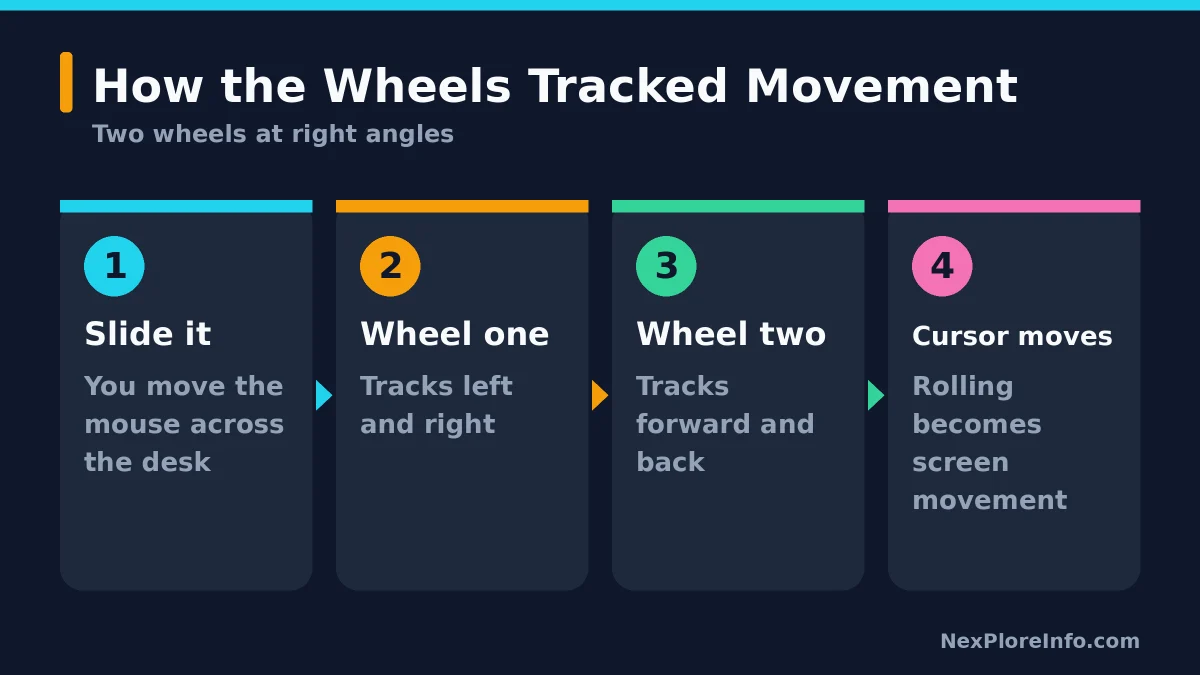 Four step card showing how the two perpendicular wheels in the first computer mouse tracked movement