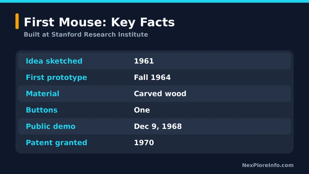 Key facts card for the first computer mouse: 1961 idea, 1964 prototype, wooden shell, one button