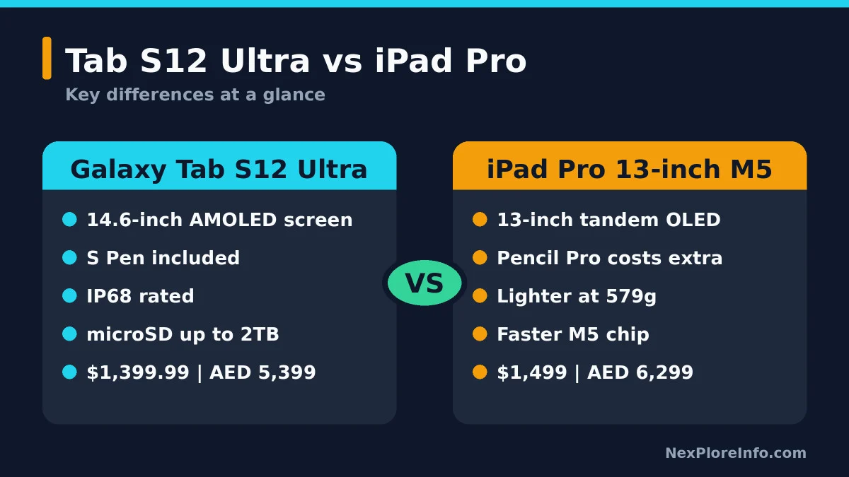 Galaxy Tab S12 Ultra vs iPad Pro key differences card