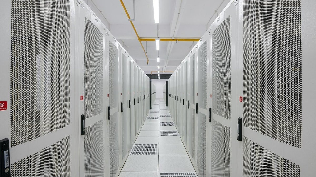 Rows of data storage racks in a data center