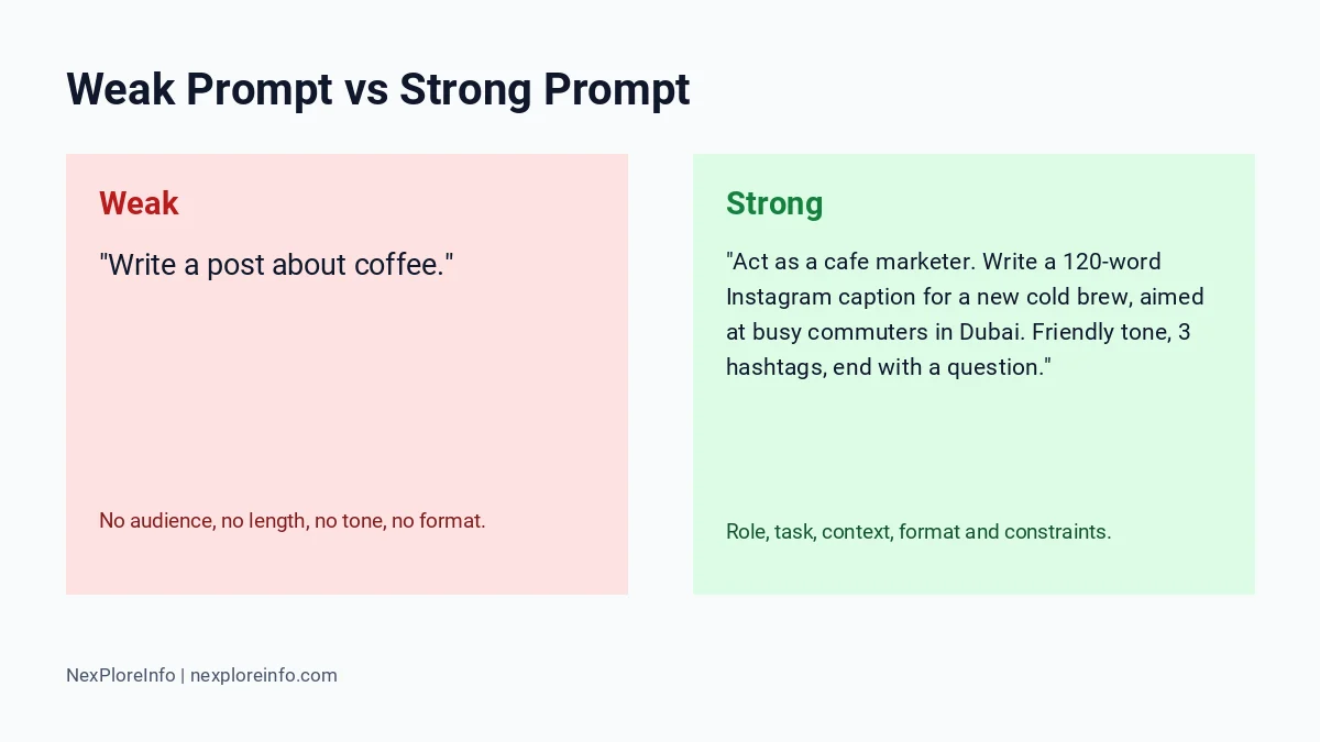 Weak vs strong AI prompt example Weak vs strong AI prompt example for writing a coffee Instagram caption