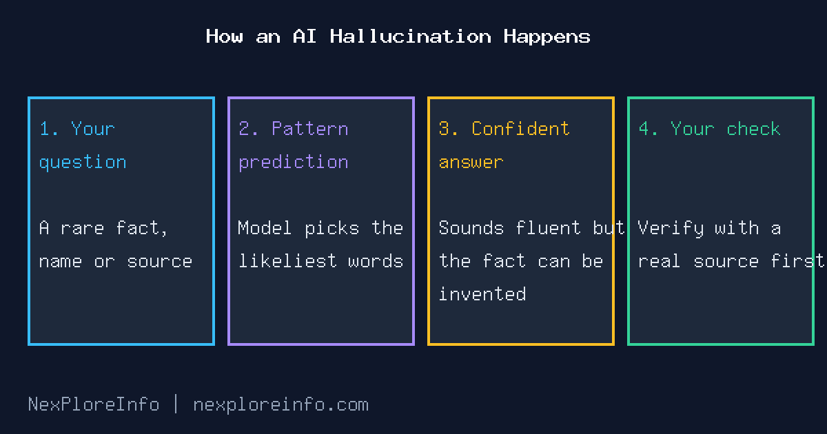 What are AI hallucinations: four-step diagram from question to verified answer
