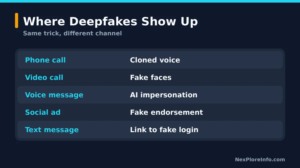 Common channels where deepfake scams appear