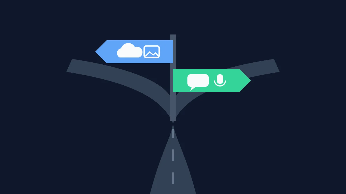 Road splitting in two directions with a blue sign showing cloud and image icons and a green sign showing chat and microphone icons